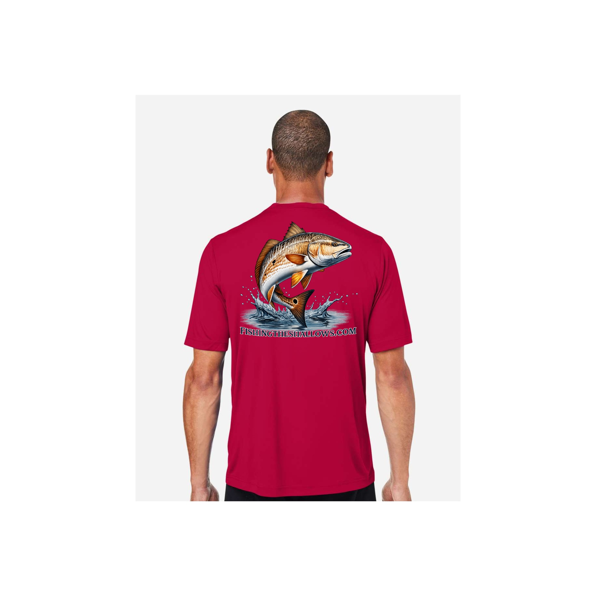 Redfish Art men's short sleeve fishing shirt in Classic Red - back view