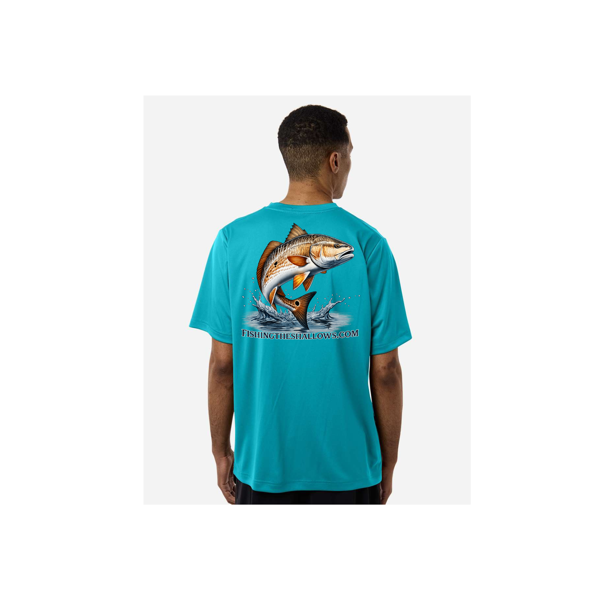 Redfish Art men's short sleeve fishing shirt in Clear Teal - back view