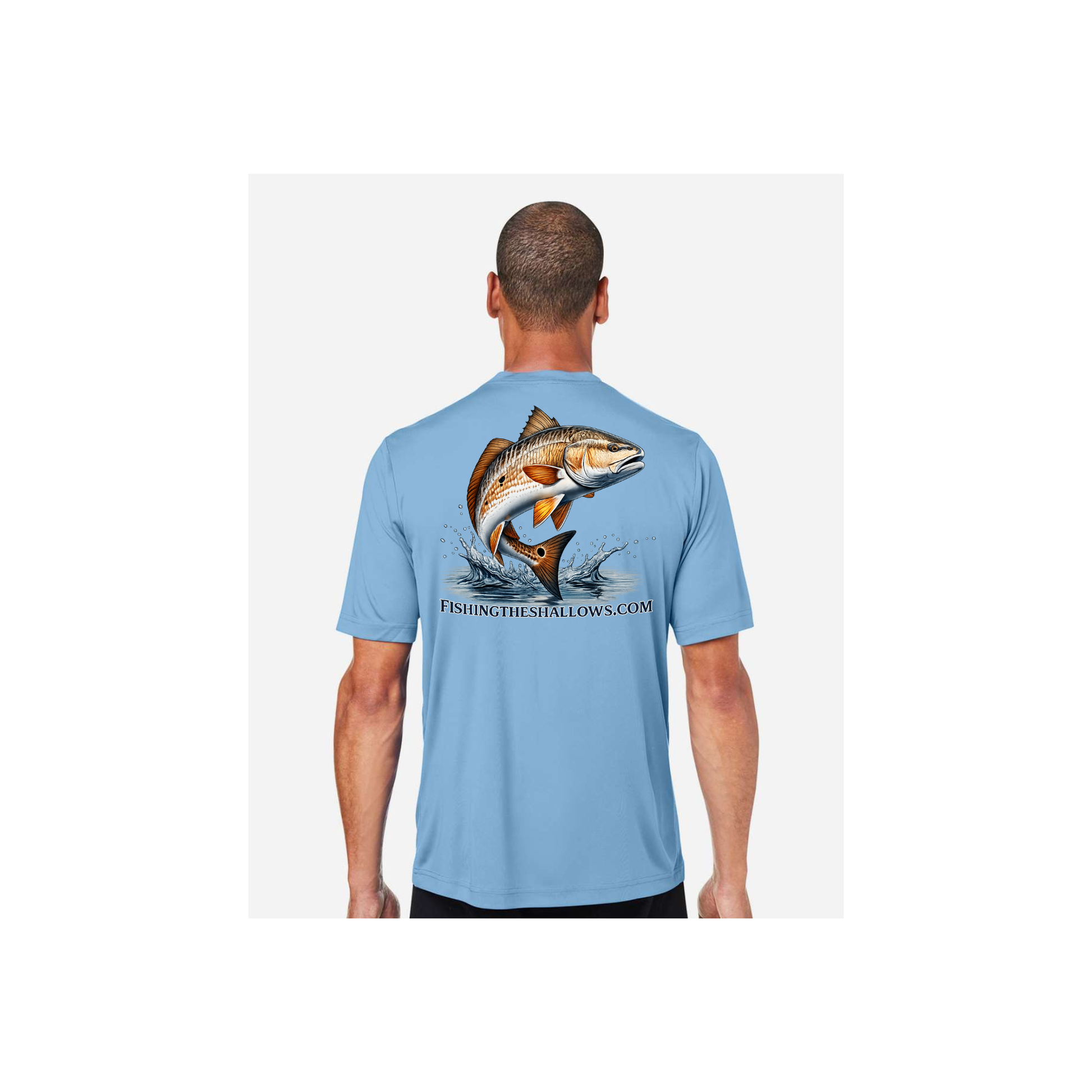 Redfish Art men's short sleeve fishing shirt in Columbia Blue - back view