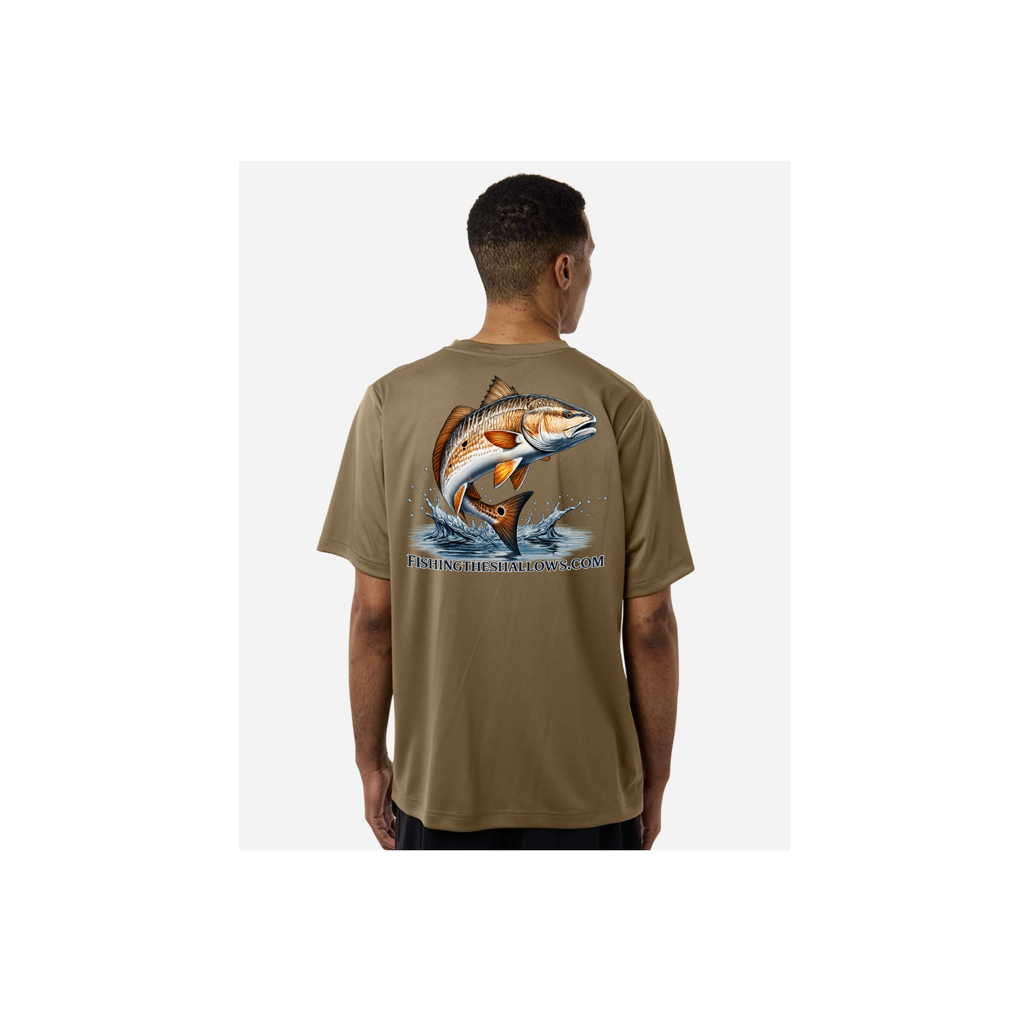Redfish Art men's short sleeve fishing shirt in Coyote Brown - back view