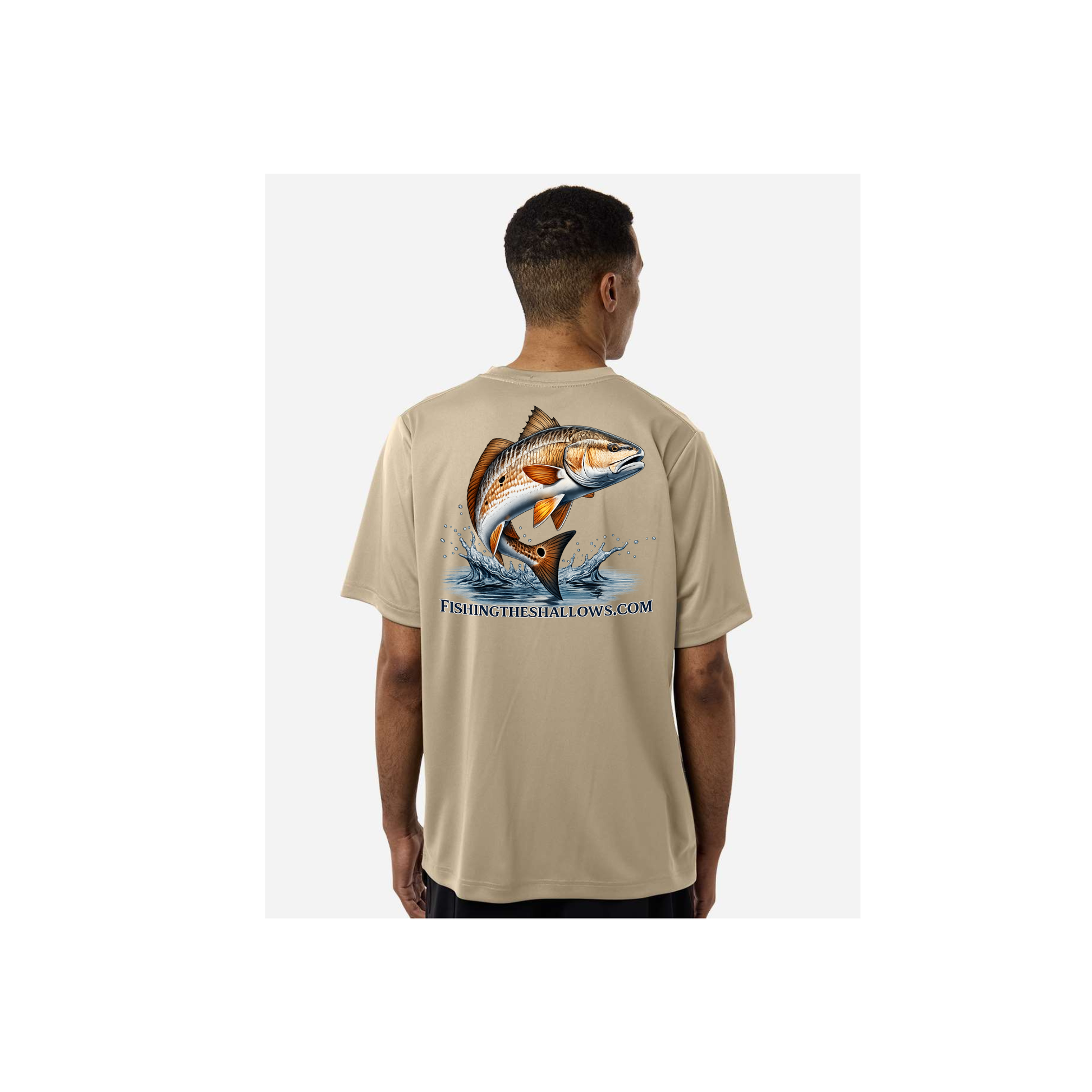 Redfish Art men's short sleeve fishing shirt in Desert Kahki - back view