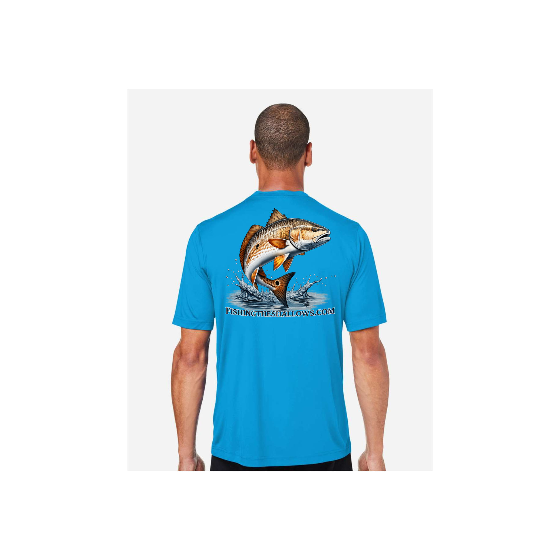 Redfish Art men's short sleeve fishing shirt in Electric Blue - back view
