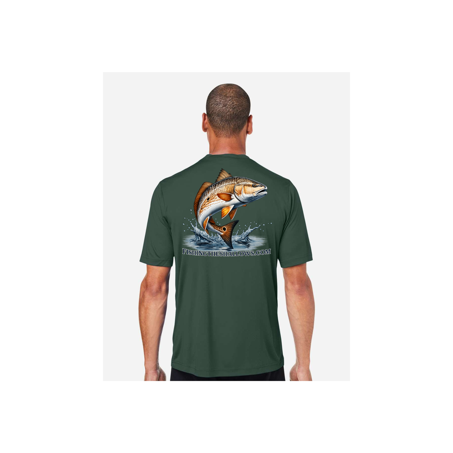 Redfish Art men's short sleeve fishing shirt in Forest - back view
