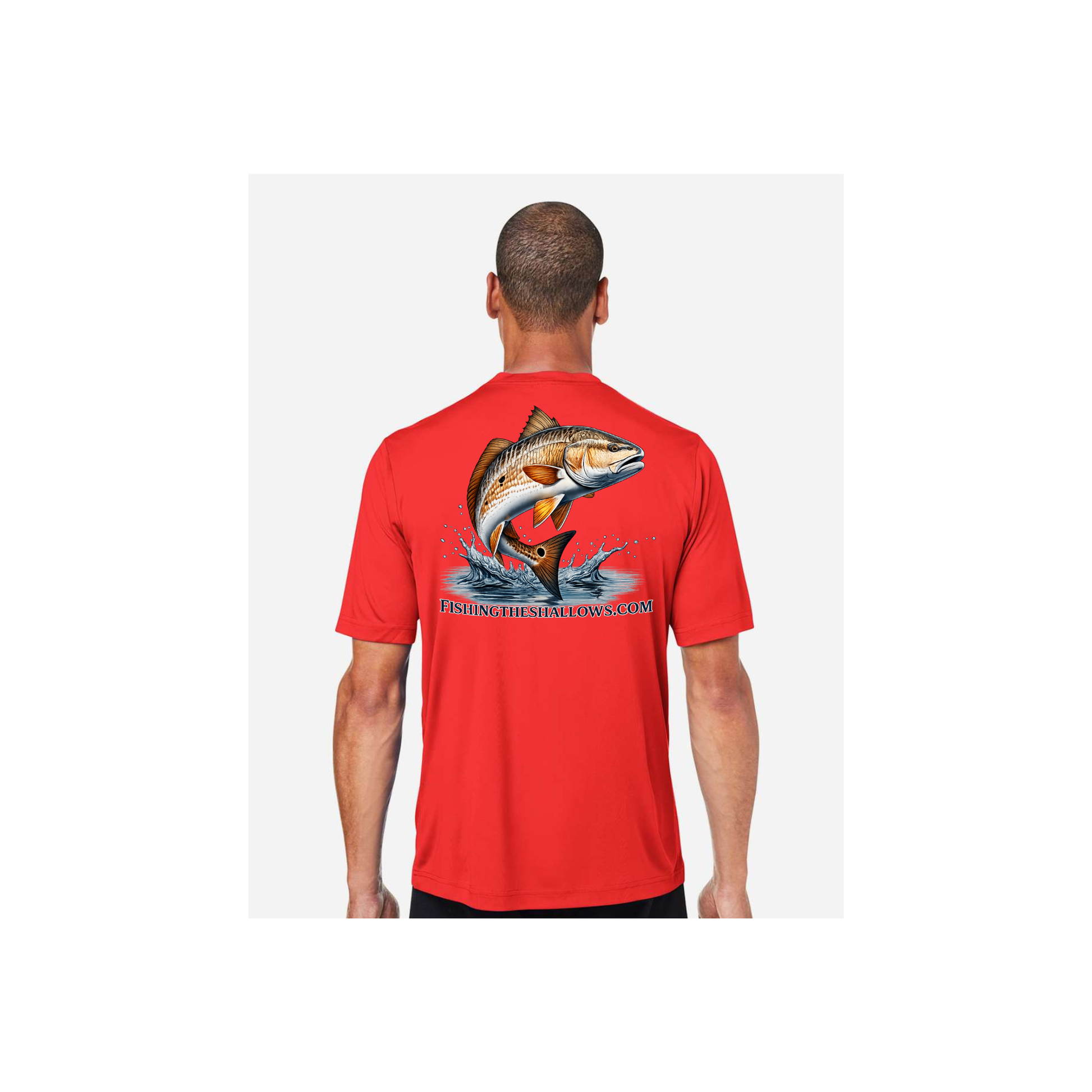 Redfish Art men's short sleeve fishing shirt in Marina Red - back view