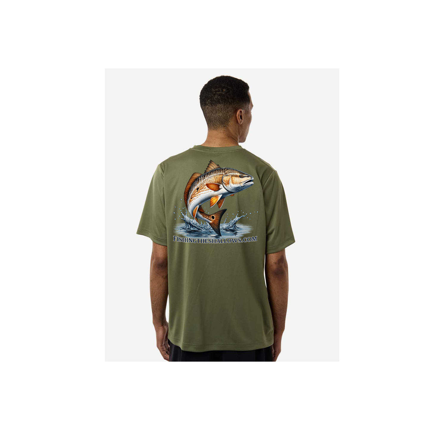 Redfish Art men's short sleeve fishing shirt in Military Green - back view