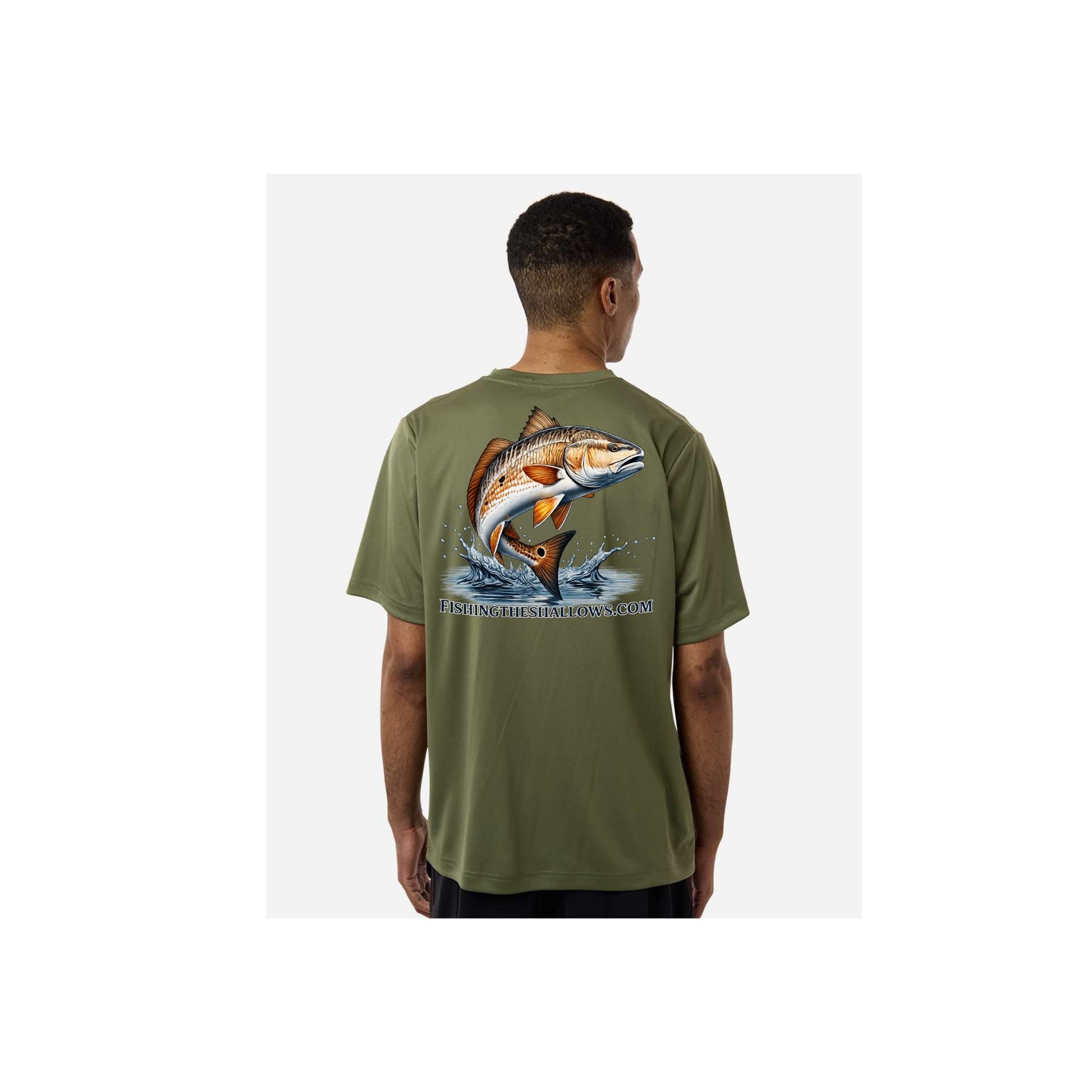Redfish Art men's short sleeve fishing shirt in Military Green - back view