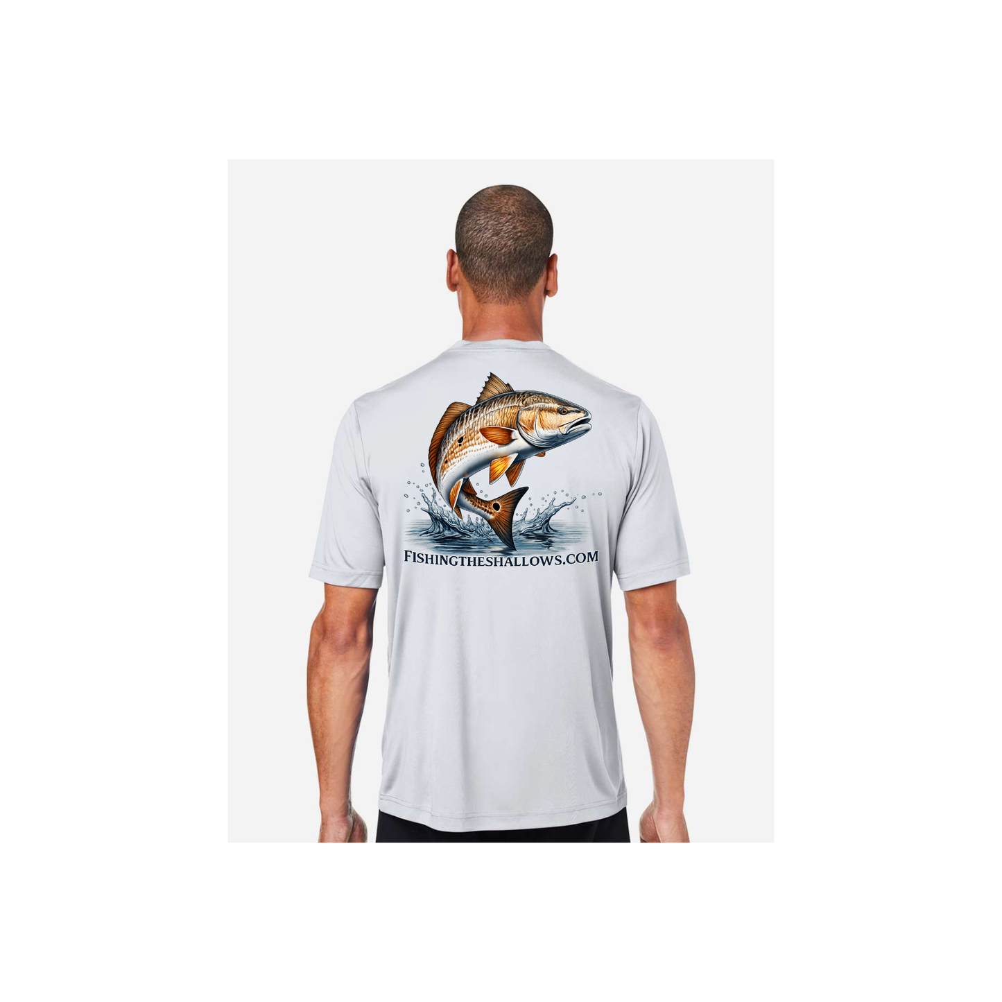 Redfish Art men's short sleeve fishing shirt in Platinum - back view