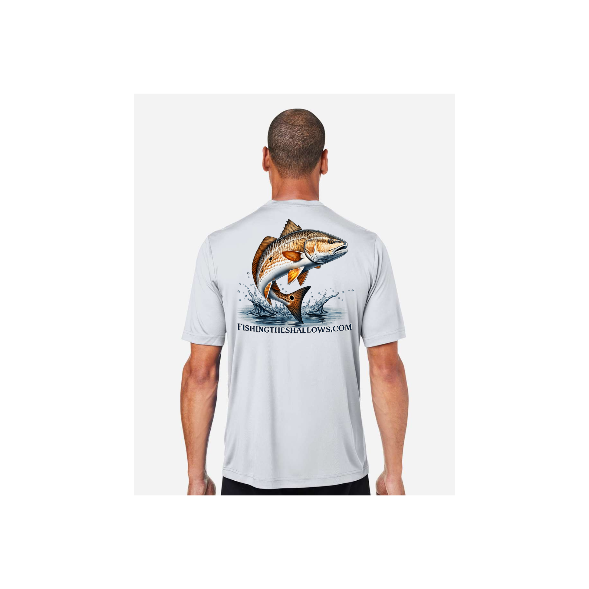 Redfish Art men's short sleeve fishing shirt in Platinum - back view
