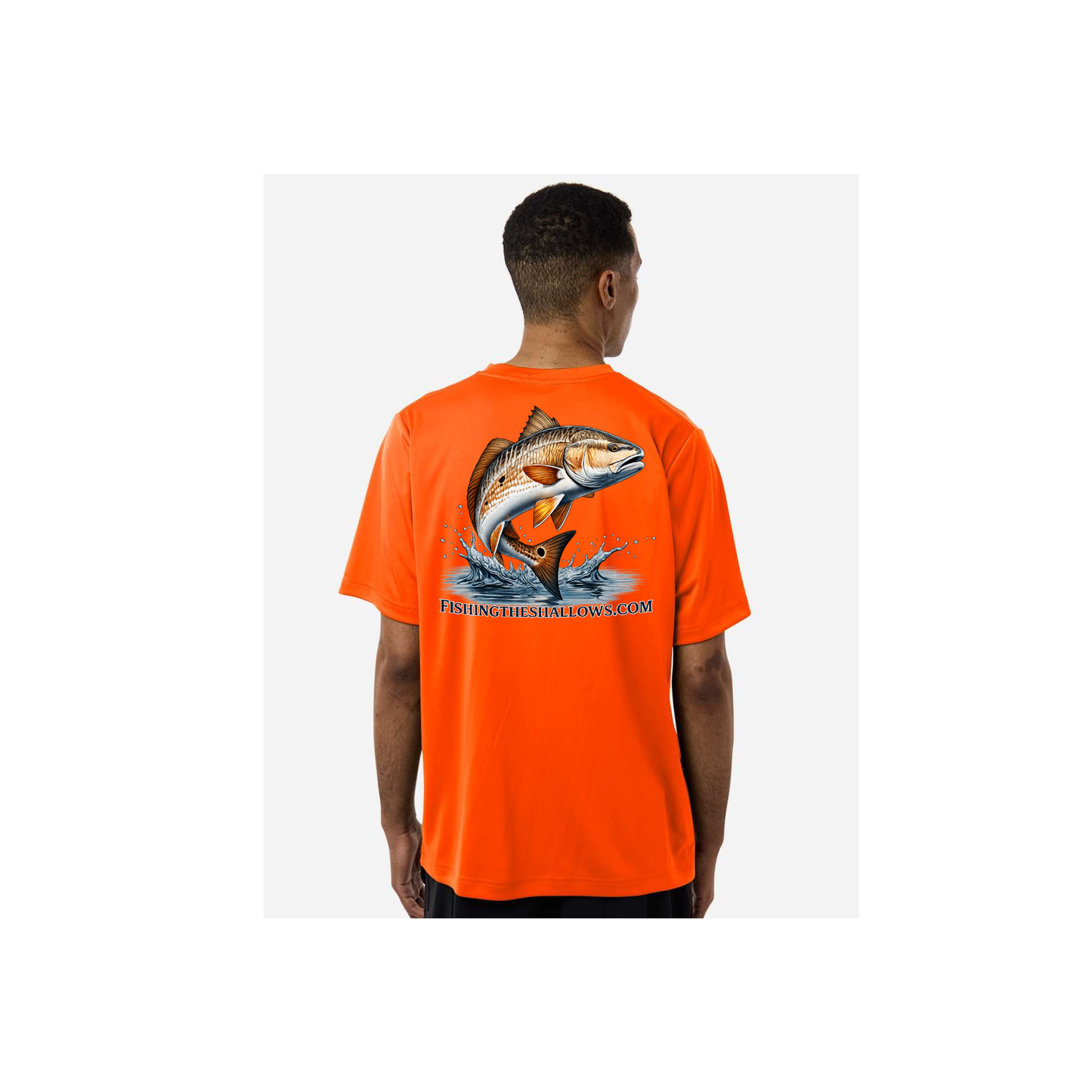 Redfish Art men's short sleeve fishing shirt in Safety Orange - back view