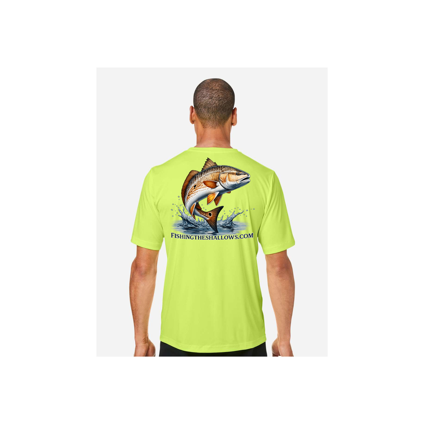 Redfish Art men's short sleeve fishing shirt in Safety Yellow - back view