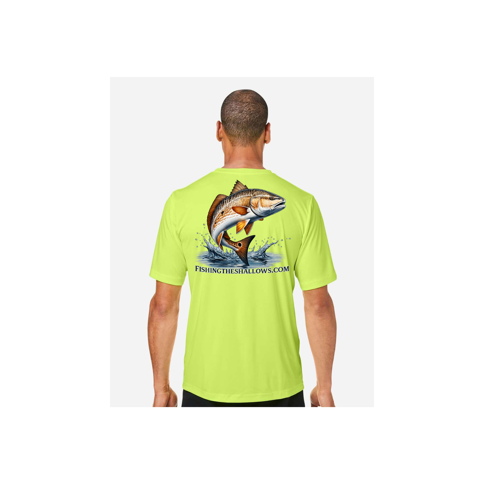 Redfish Art men's short sleeve fishing shirt in Safety Yellow - back view