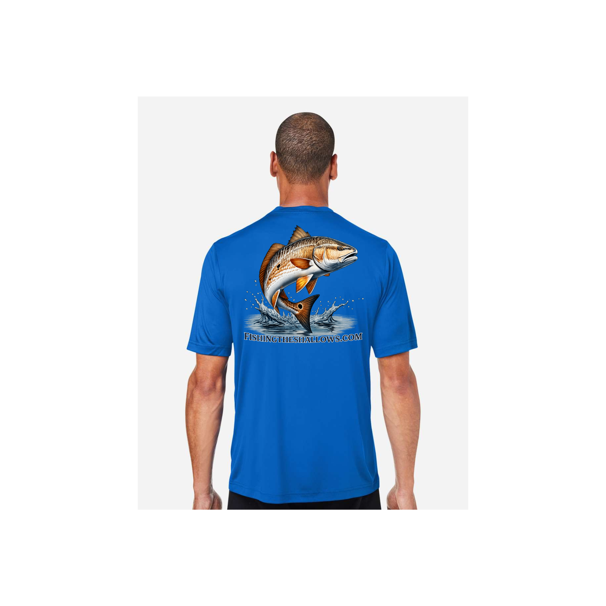 Redfish Art men's short sleeve fishing shirt in True Royal - back view