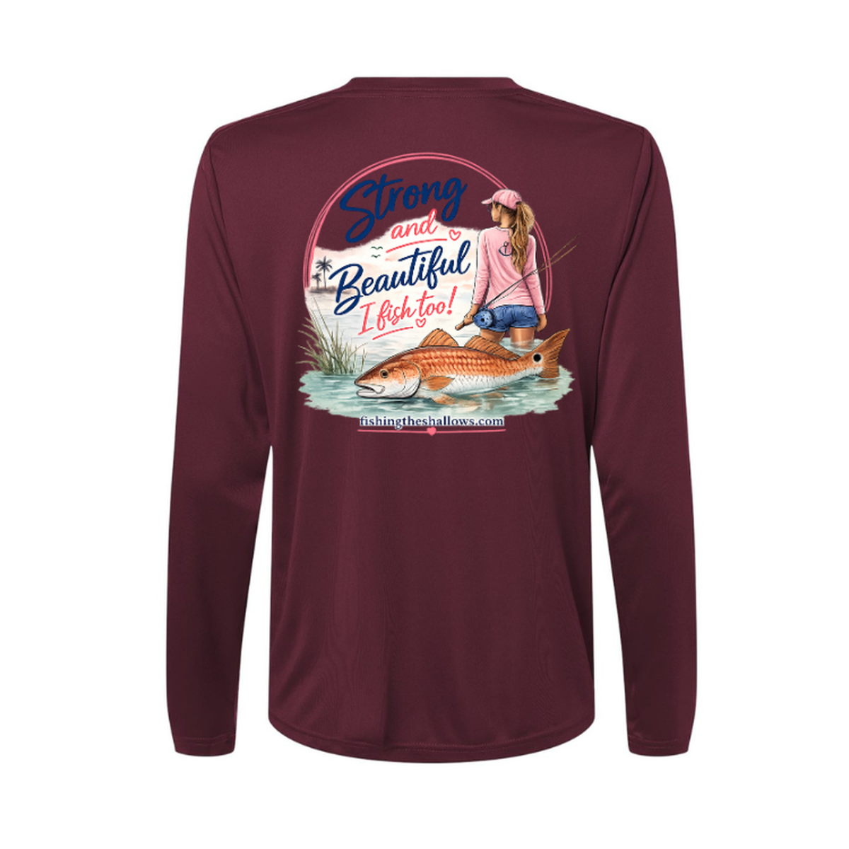 Strong & Beautiful LS in Burgundy, back view - womens long sleeve performance fishing shirt by Fishing The Shallows