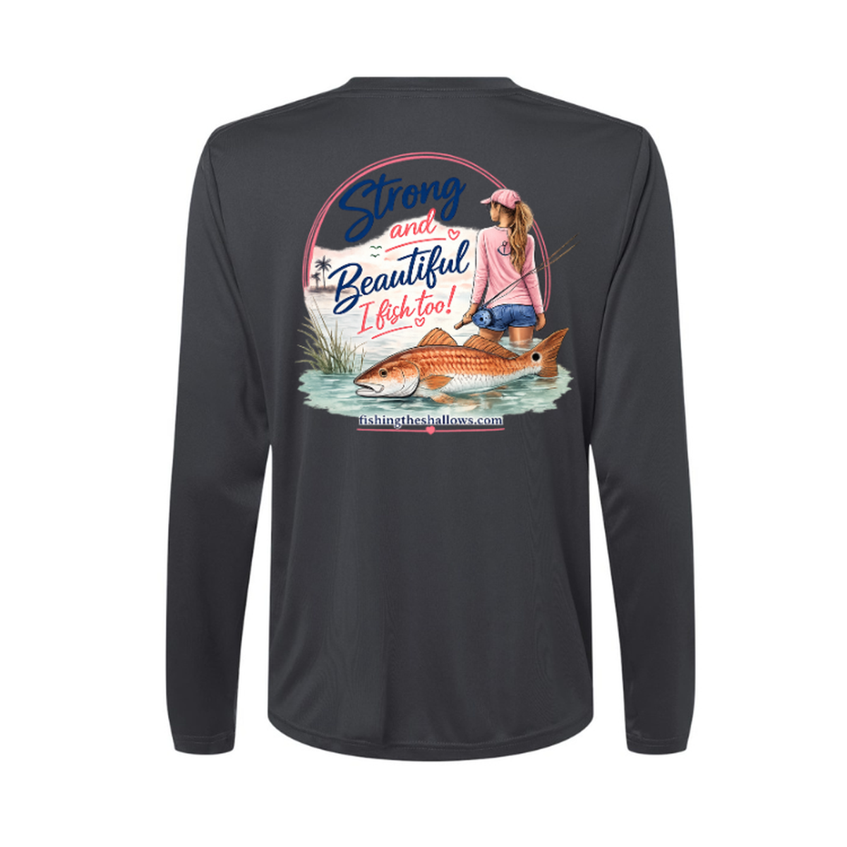 Strong & Beautiful LS in Carbon, back view - womens long sleeve performance fishing shirt by Fishing The Shallows