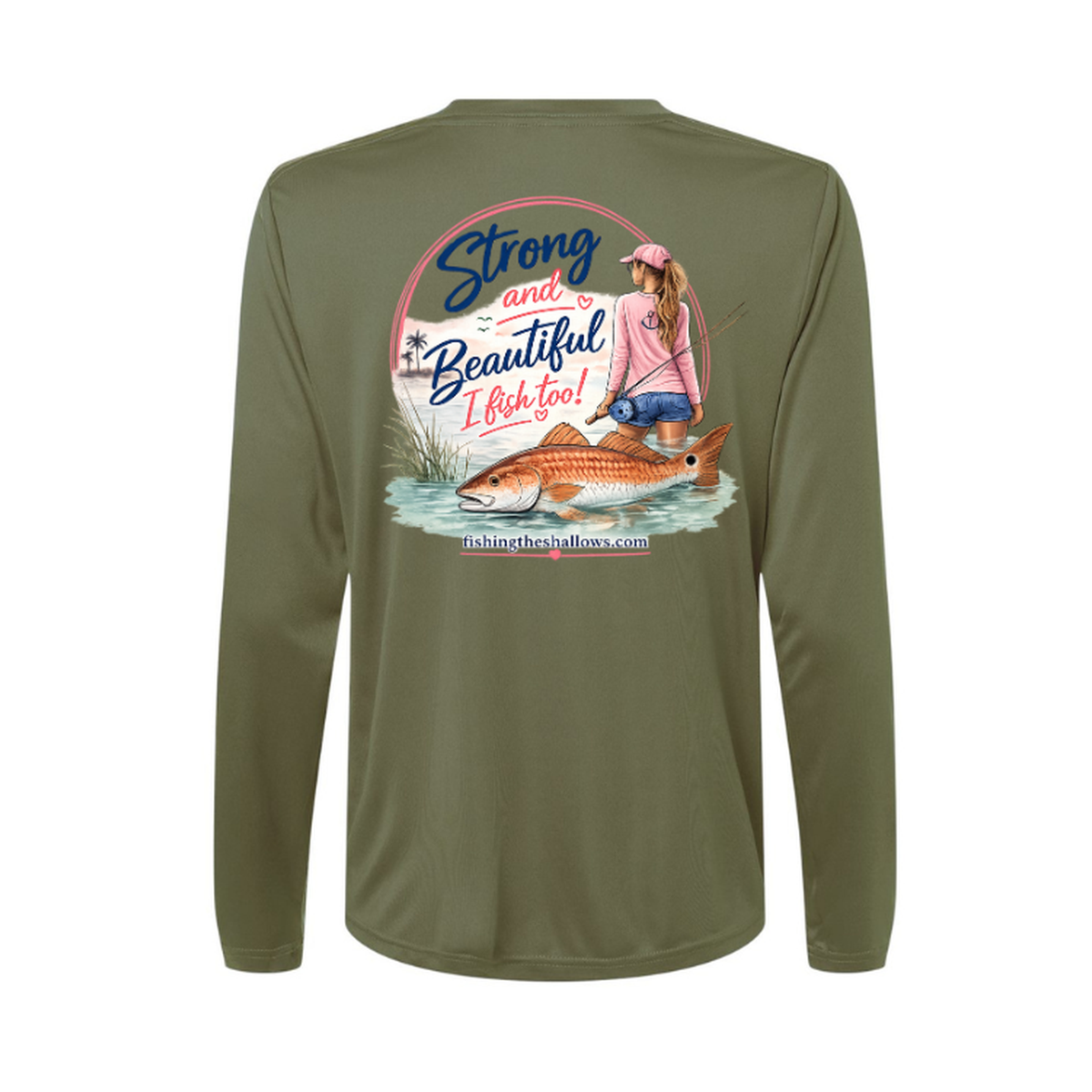 Strong & Beautiful LS in Military Green, back view - womens long sleeve performance fishing shirt by Fishing The Shallows