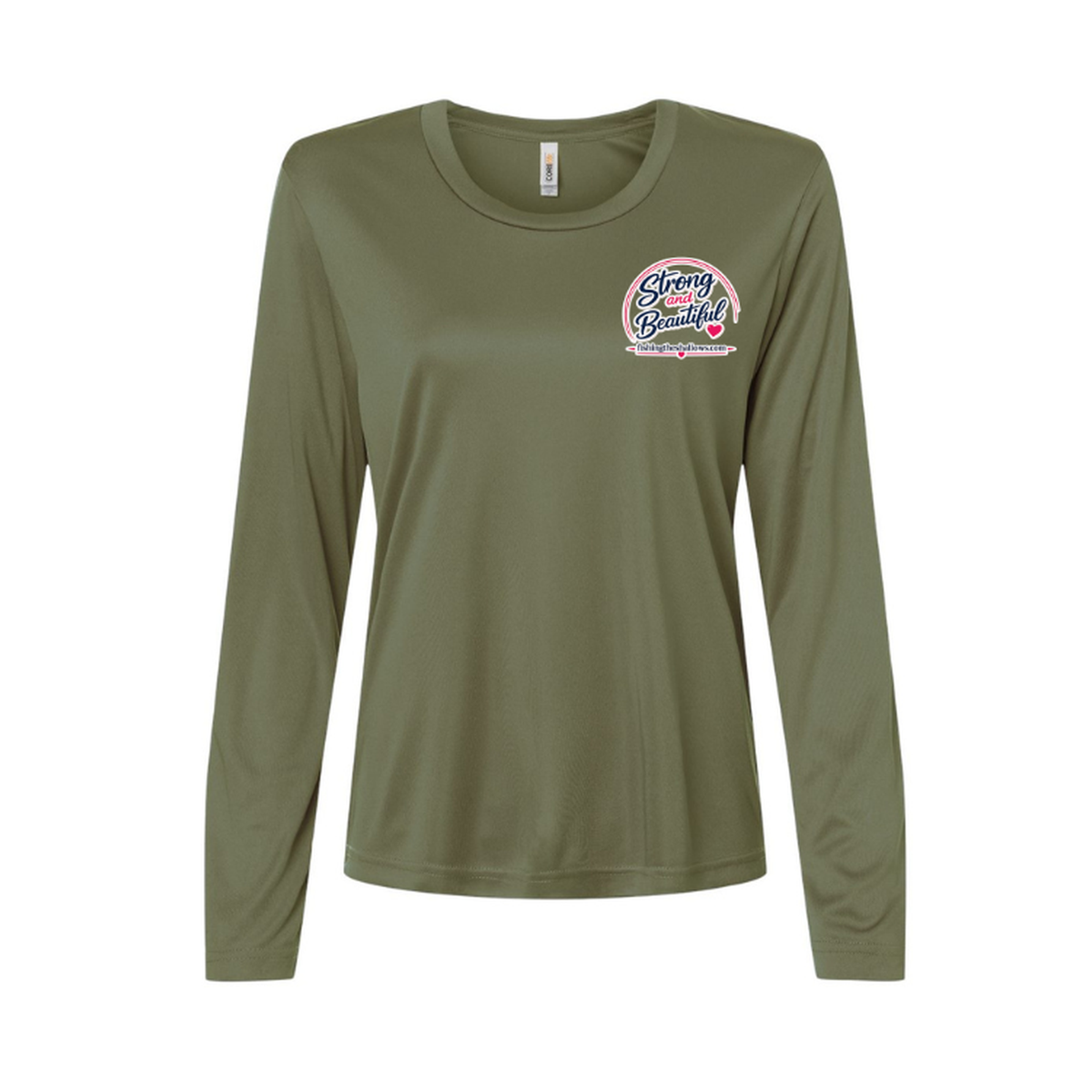 Strong & Beautiful LS in Military Green, front view - womens long sleeve performance fishing shirt by Fishing The Shallows