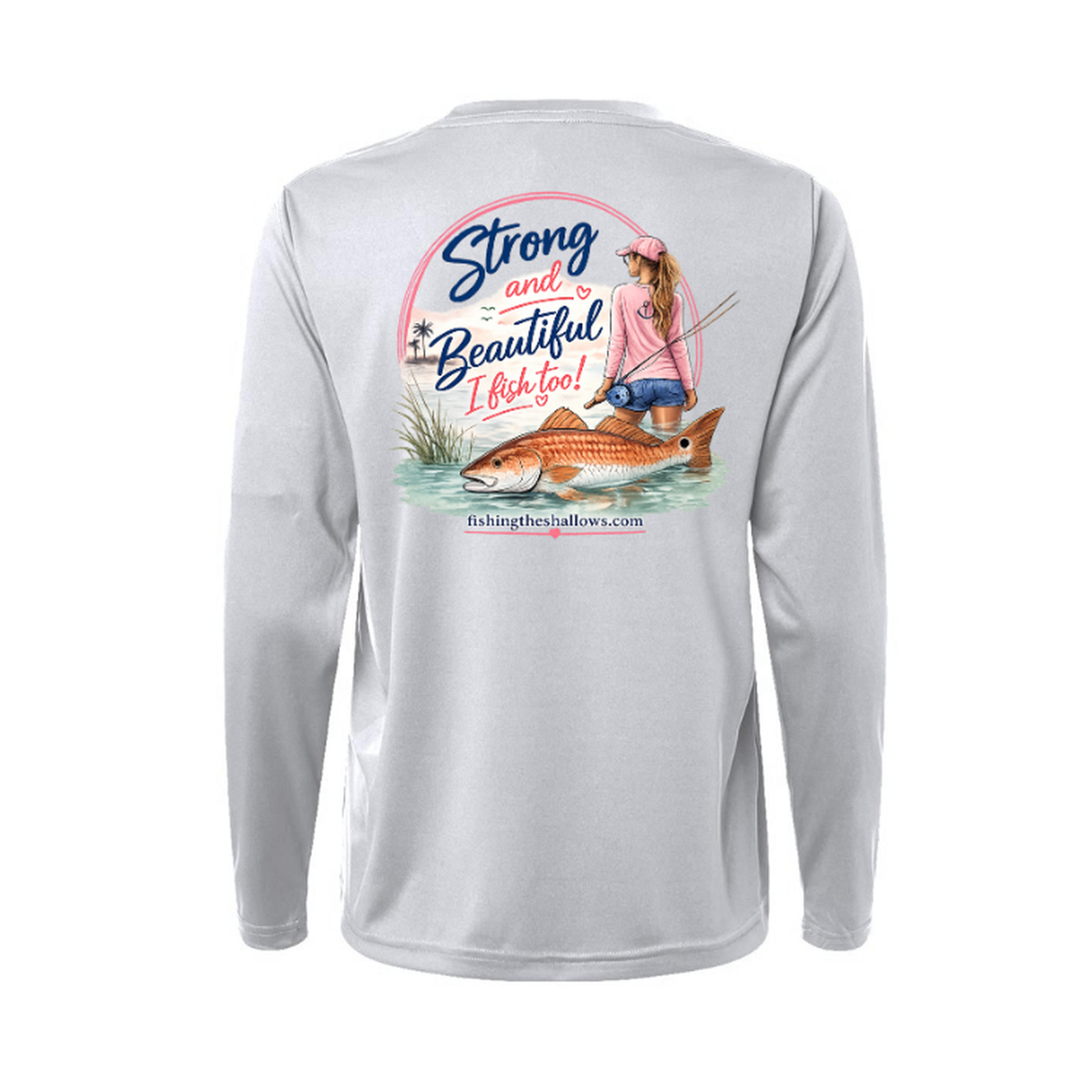 Strong & Beautiful LS in Platinum, back view - womens long sleeve performance fishing shirt by Fishing The Shallows