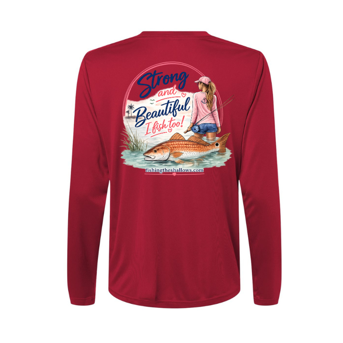 Strong & Beautiful LS in Classic Red, back view - womens long sleeve performance fishing shirt by Fishing The Shallows