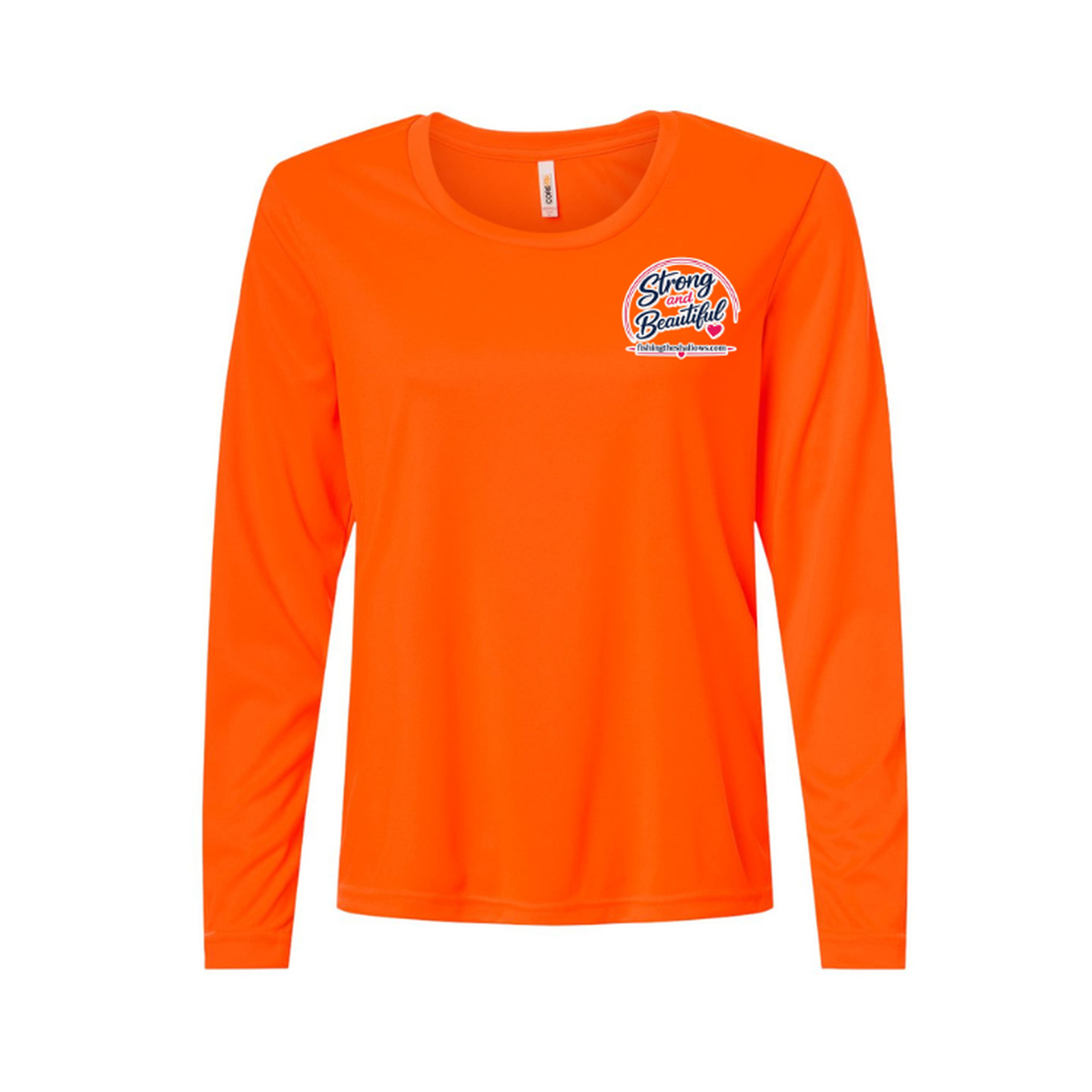 Strong & Beautiful LS in Safety Orange, front view - womens long sleeve performance fishing shirt by Fishing The Shallows