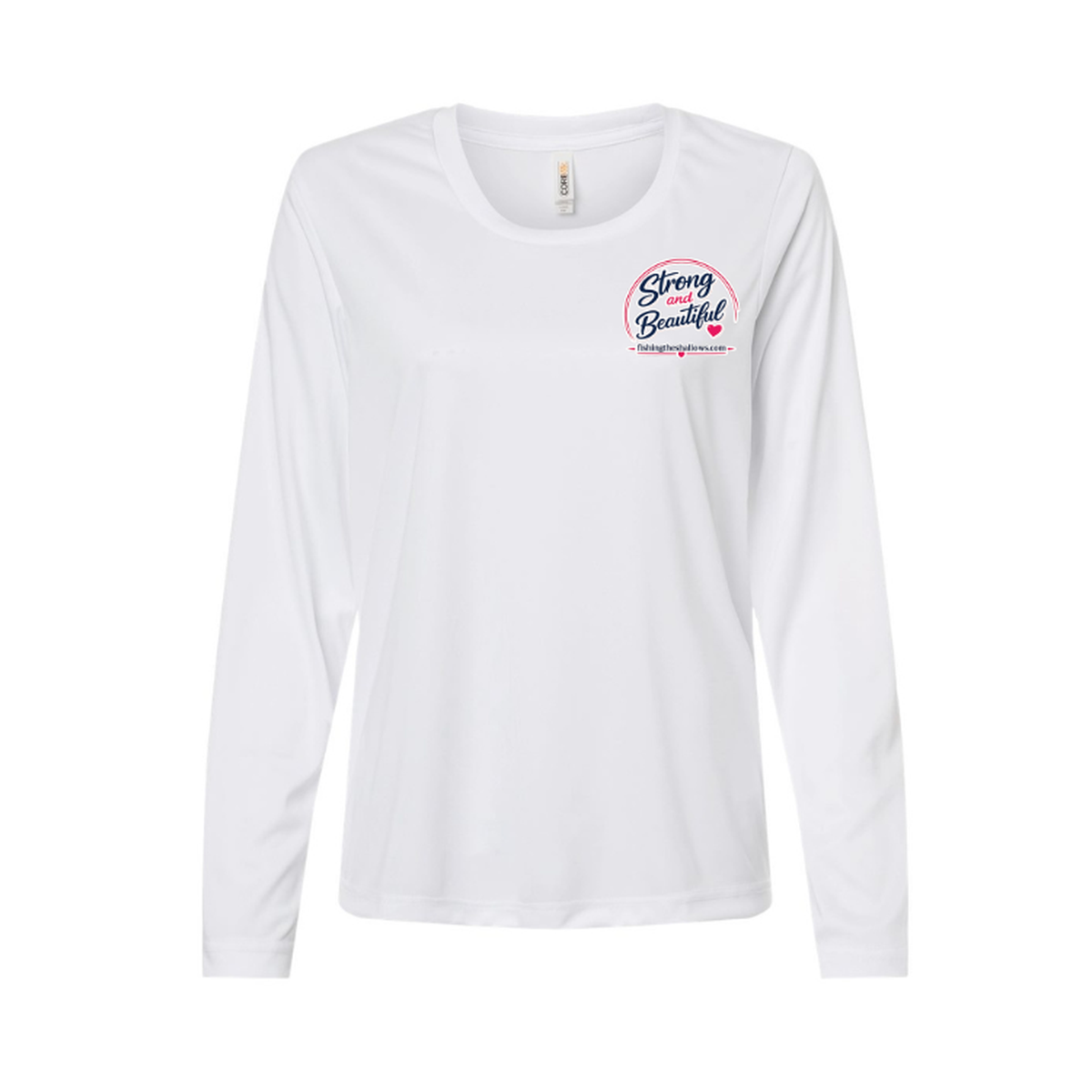 Strong & Beautiful LS in White, front view - womens long sleeve performance fishing shirt by Fishing The Shallows