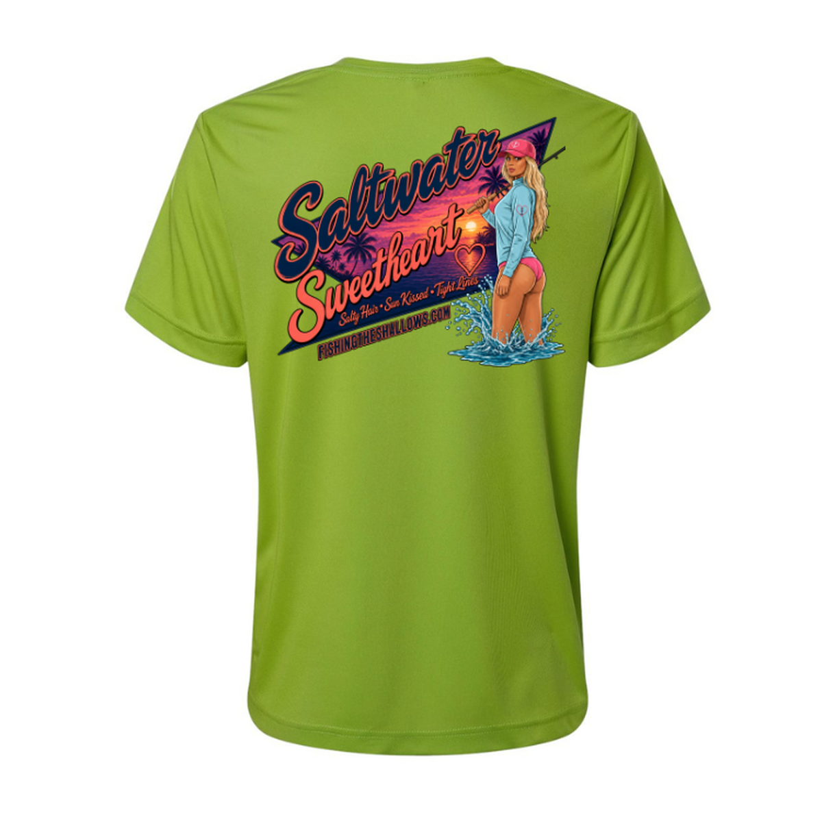 Saltwater Sweetheart SS in Acid Green, back view - womens short sleeve performance fishing shirt by Fishing The Shallows