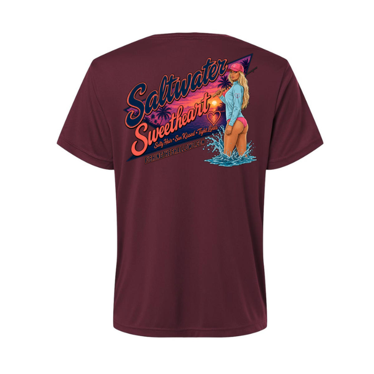 Saltwater Sweetheart SS in Burgundy, back view - womens short sleeve performance fishing shirt by Fishing The Shallows