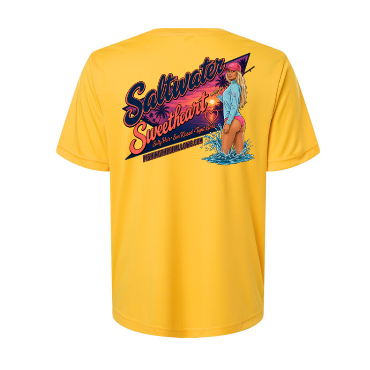Saltwater Sweetheart SS in Campus Gold, back view - womens short sleeve performance fishing shirt by Fishing The Shallows
