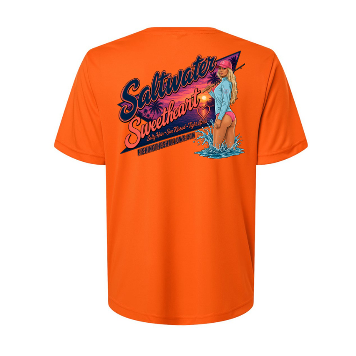 Saltwater Sweetheart SS in Campus Orange, back view - womens short sleeve performance fishing shirt by Fishing The Shallows