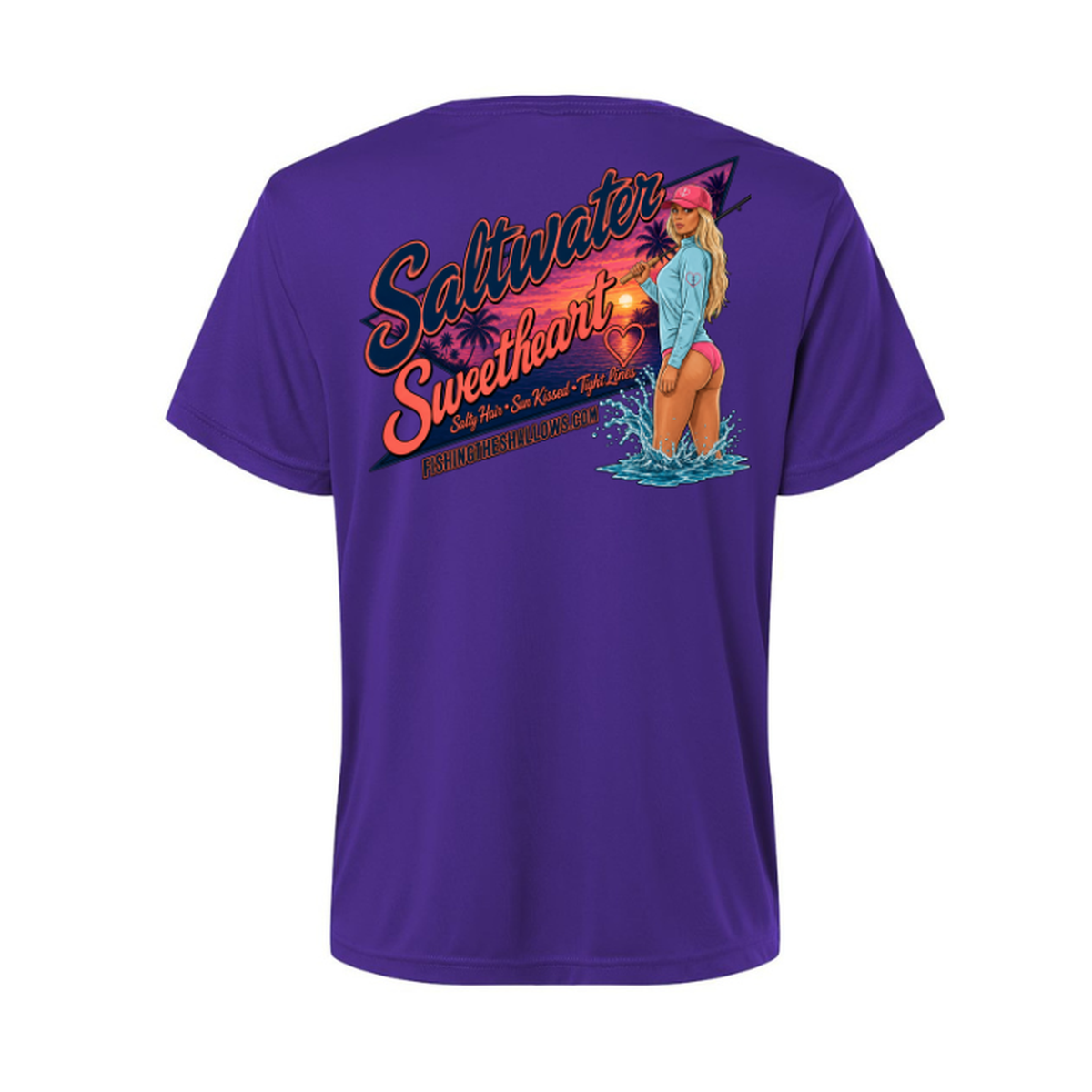 Saltwater Sweetheart SS in Campus Purple, back view - womens short sleeve performance fishing shirt by Fishing The Shallows