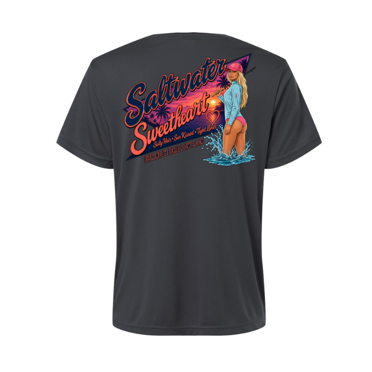 Saltwater Sweetheart SS in Carbon, back view - womens short sleeve performance fishing shirt by Fishing The Shallows