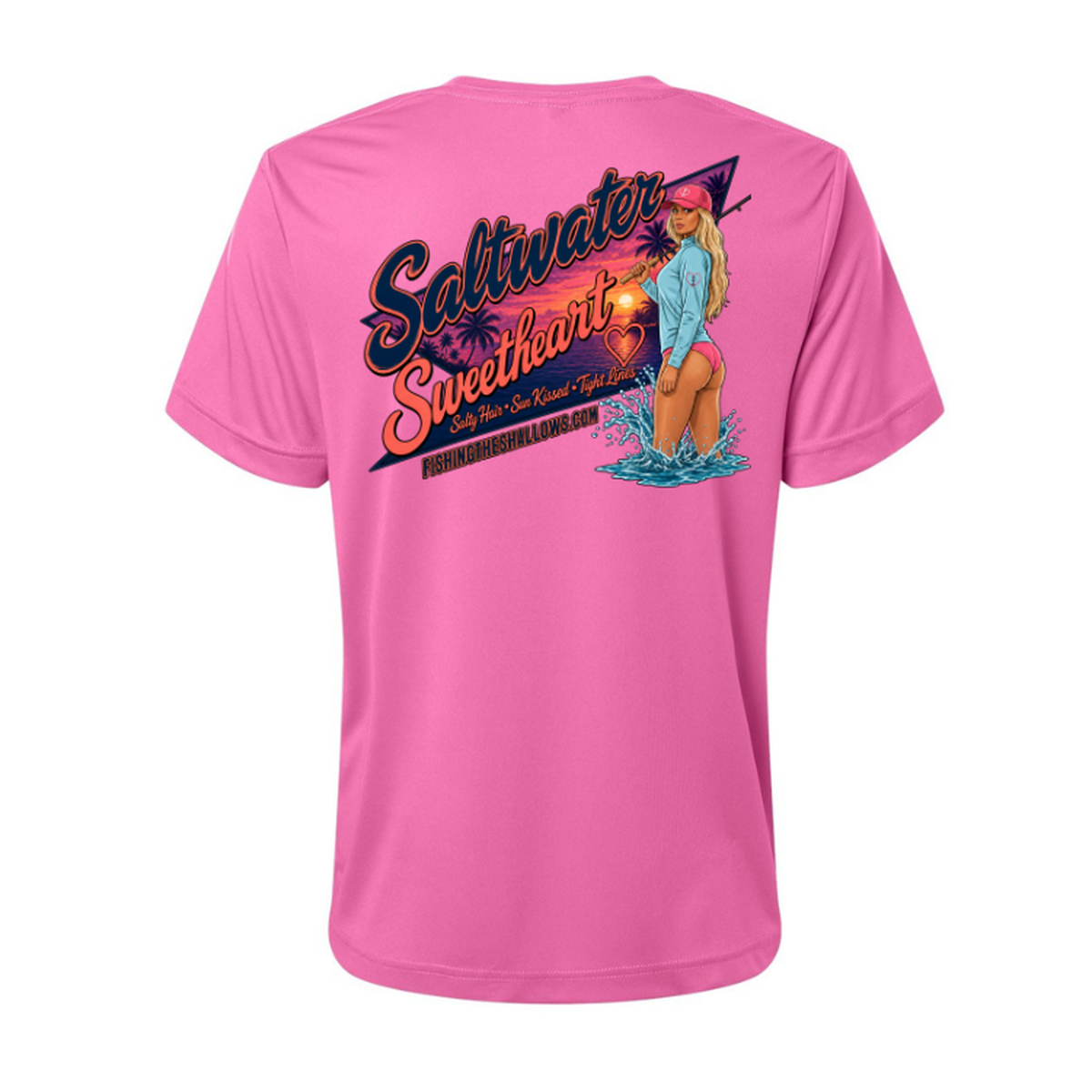 Saltwater Sweetheart SS in Charity Pink, back view - womens short sleeve performance fishing shirt by Fishing The Shallows
