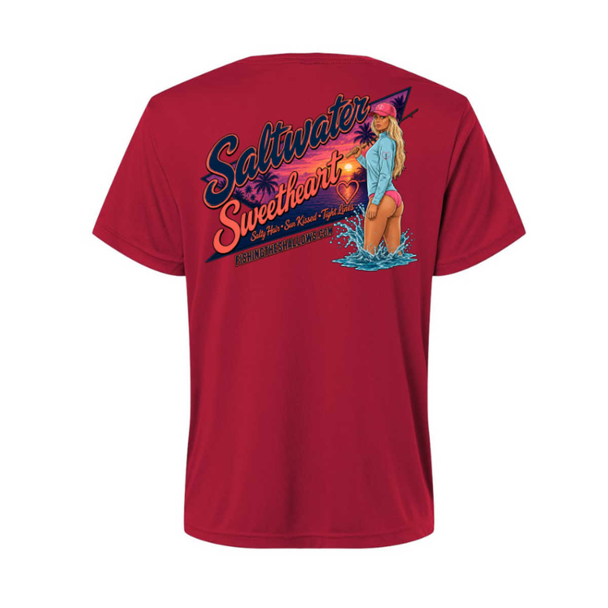 Saltwater Sweetheart SS in Classic Red, back view - womens short sleeve performance fishing shirt by Fishing The Shallows