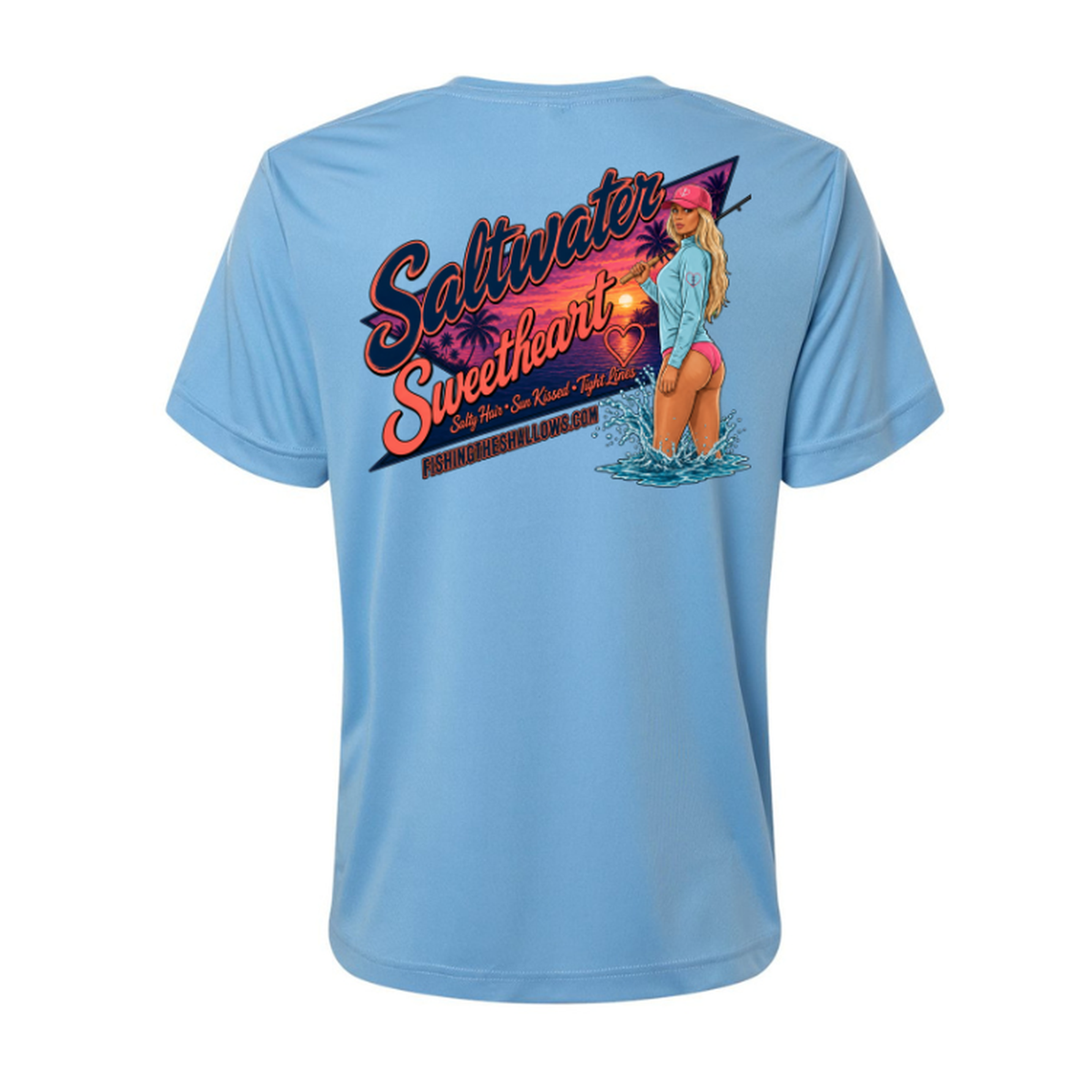 Saltwater Sweetheart SS in Columbia Blue, back view - womens short sleeve performance fishing shirt by Fishing The Shallows