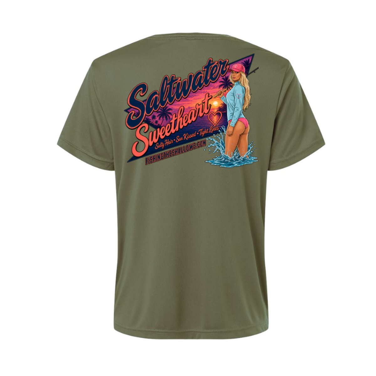 Saltwater Sweetheart SS in Military Green, back view - womens short sleeve performance fishing shirt by Fishing The Shallows