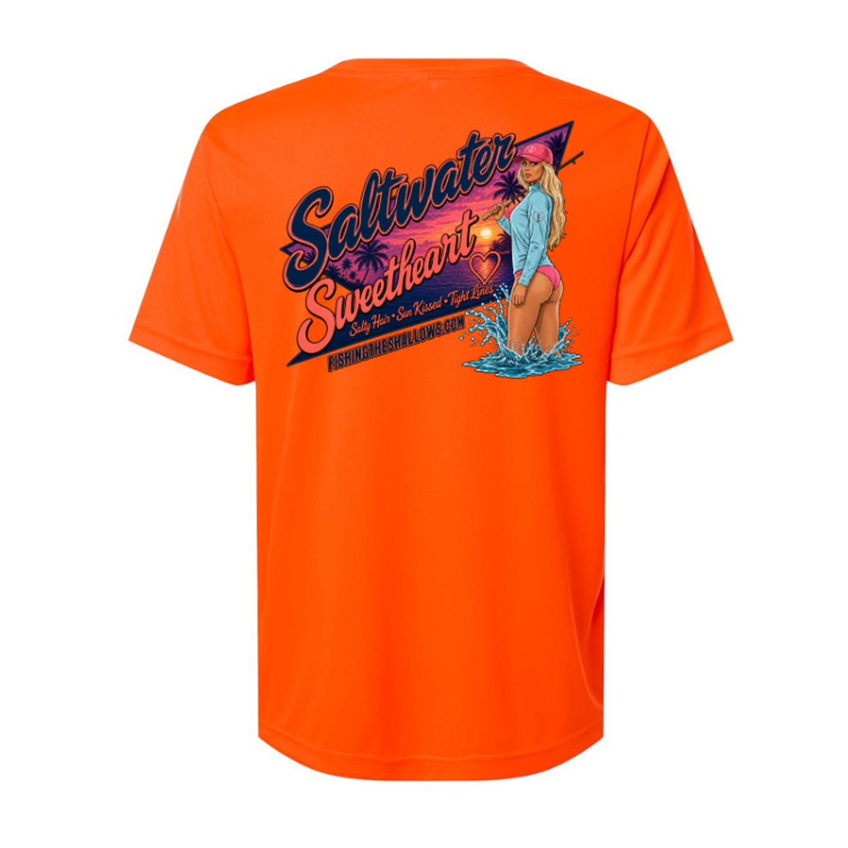 Saltwater Sweetheart SS in Safety Orange, back view - womens short sleeve performance fishing shirt by Fishing The Shallows