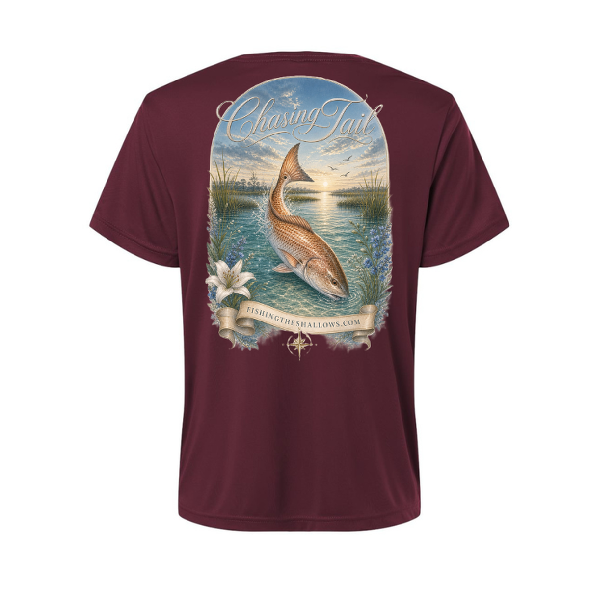 Diving Redfish – Women's Short Sleeve in Burgundy - back view