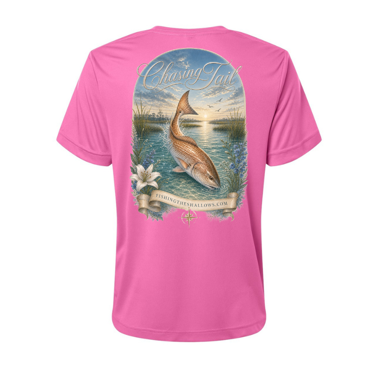 Diving Redfish – Women's Short Sleeve in Charity Pink - back view