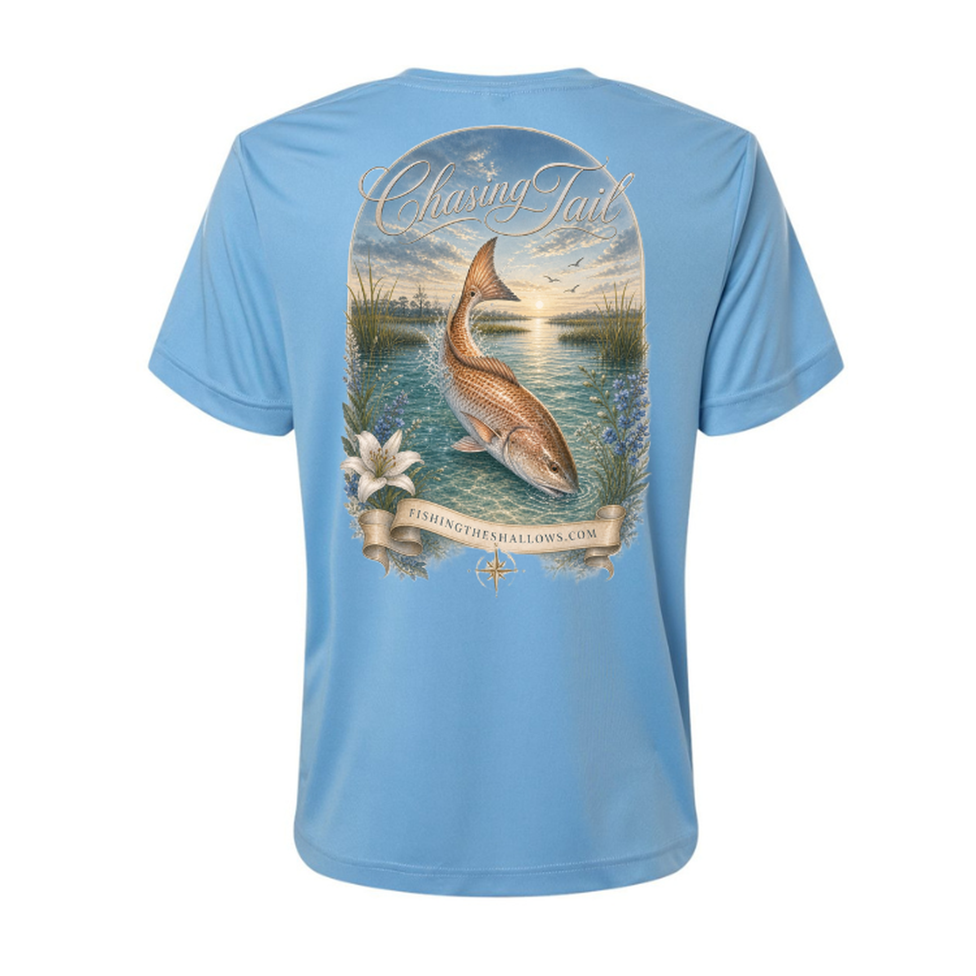 Diving Redfish – Women's Short Sleeve in Columbia Blue - back view