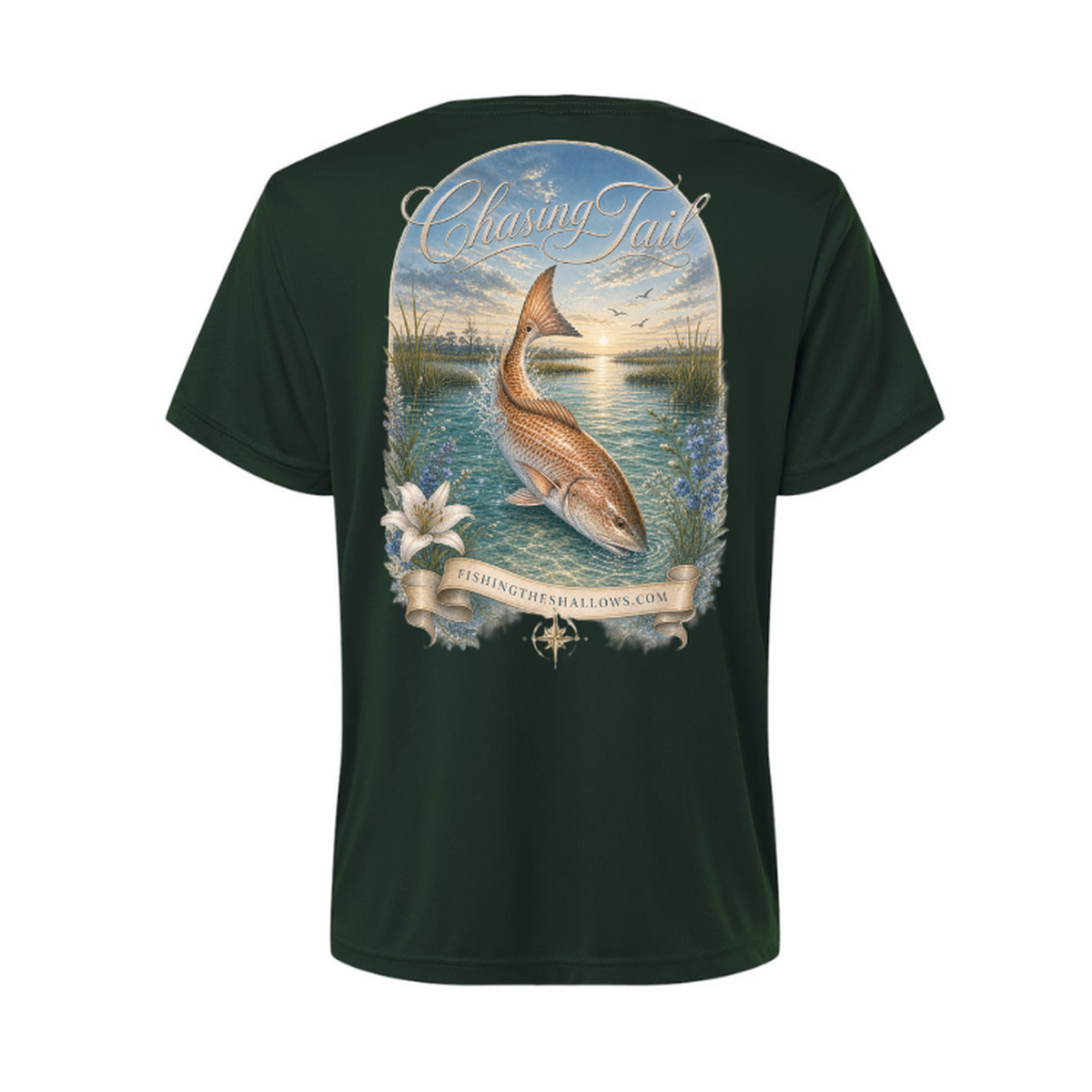 Diving Redfish – Women's Short Sleeve in Forest - back view