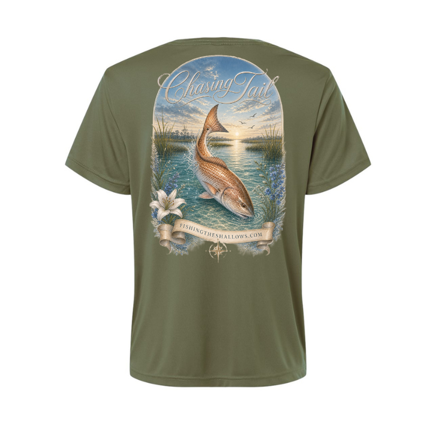 Diving Redfish – Women's Short Sleeve in Military Green - back view