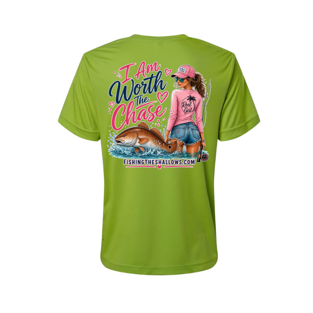 Worth It SS in Acid Green, back view - womens short sleeve performance fishing shirt by Fishing The Shallows