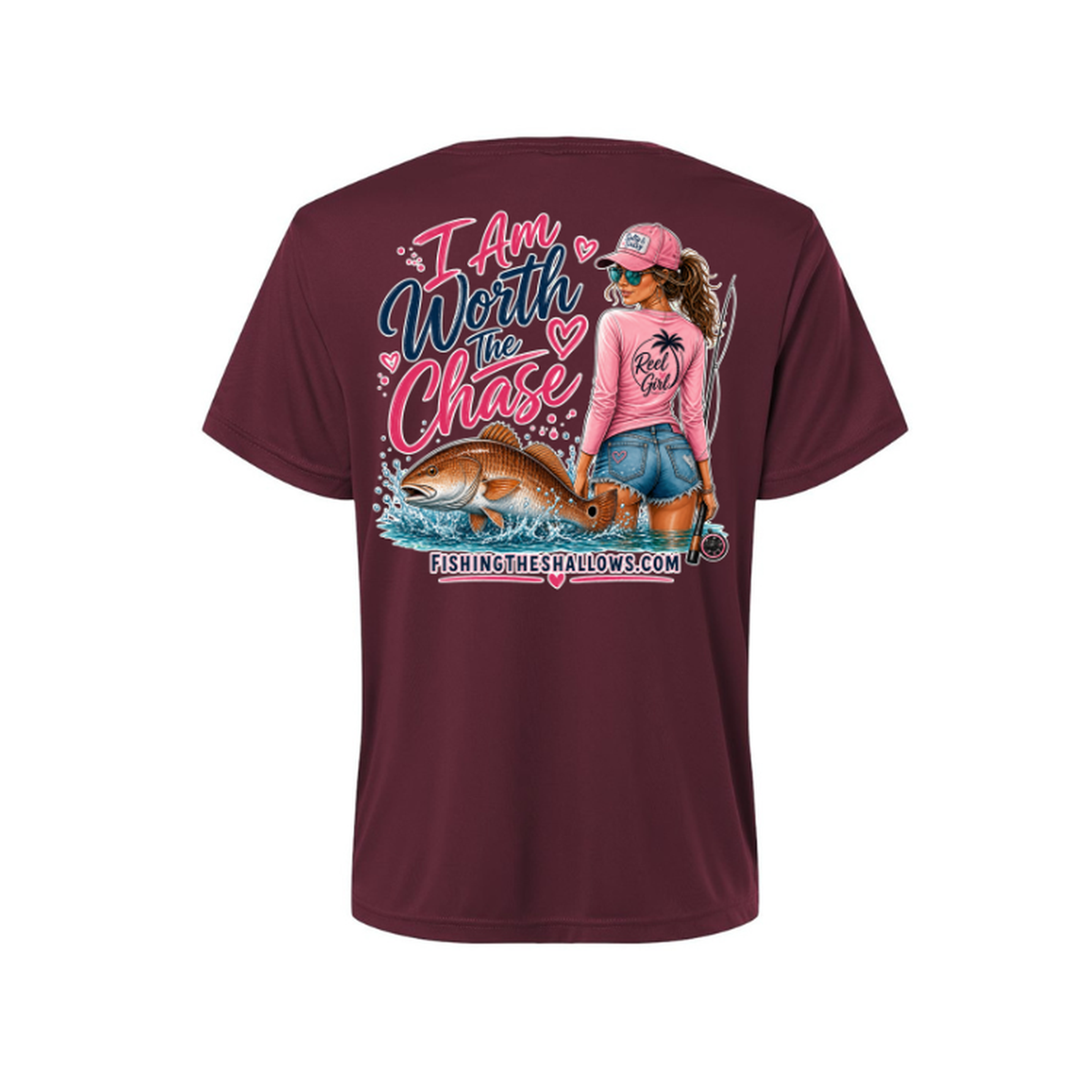 Worth It SS in Burgundy, back view - womens short sleeve performance fishing shirt by Fishing The Shallows