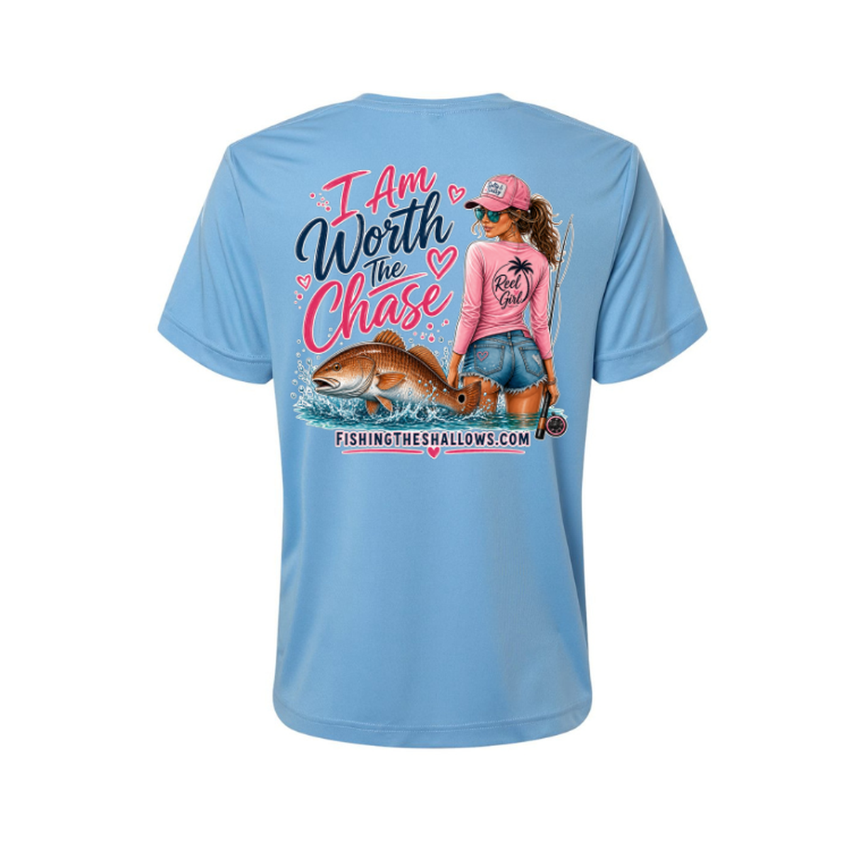 Worth It SS in Columbia Blue, back view - womens short sleeve performance fishing shirt by Fishing The Shallows