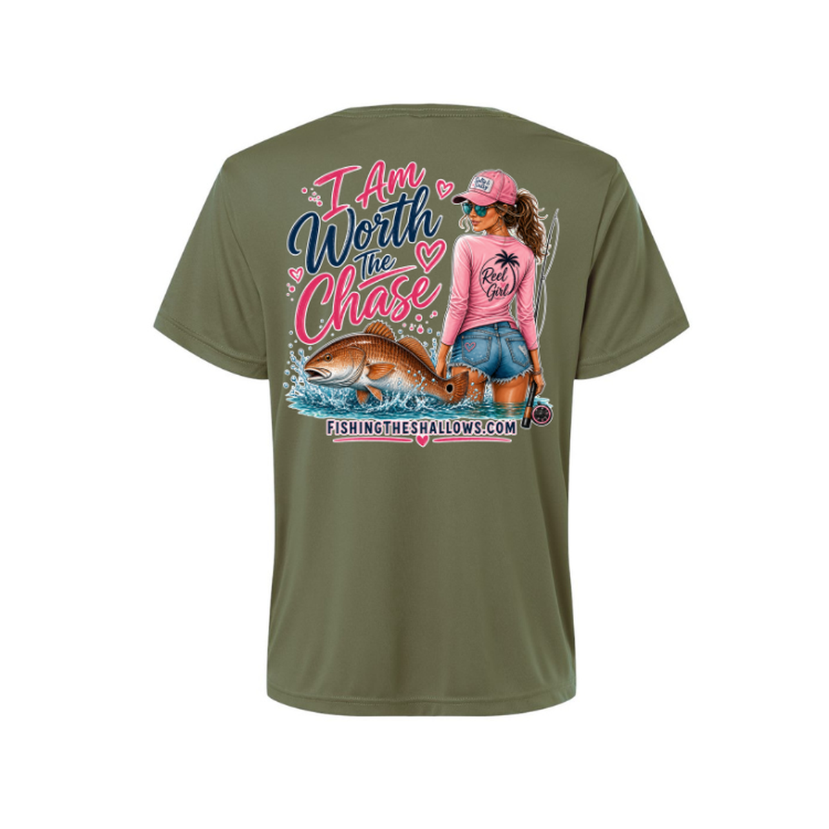 Worth It SS in Military Green, back view - womens short sleeve performance fishing shirt by Fishing The Shallows