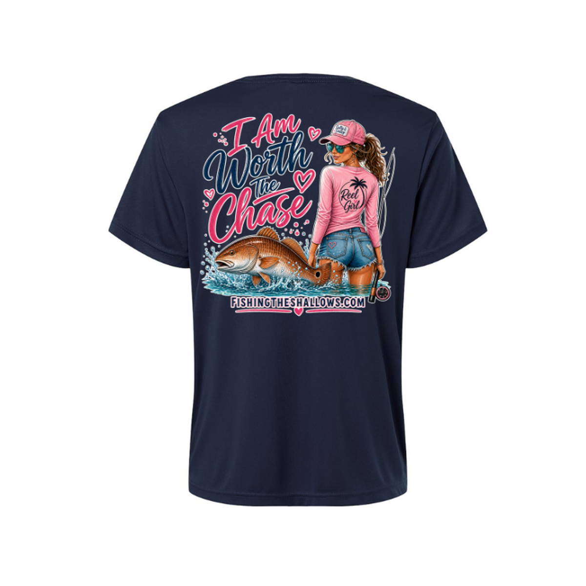 Worth It SS in Classic Navy, back view - womens short sleeve performance fishing shirt by Fishing The Shallows