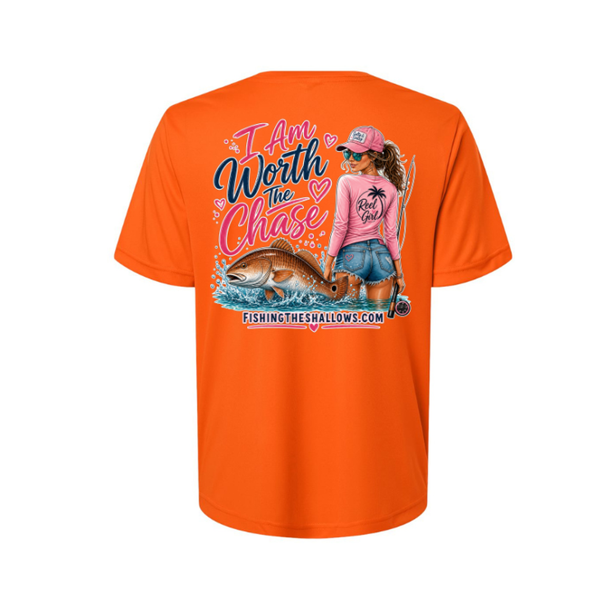 Worth It SS in Campus Orange, back view - womens short sleeve performance fishing shirt by Fishing The Shallows