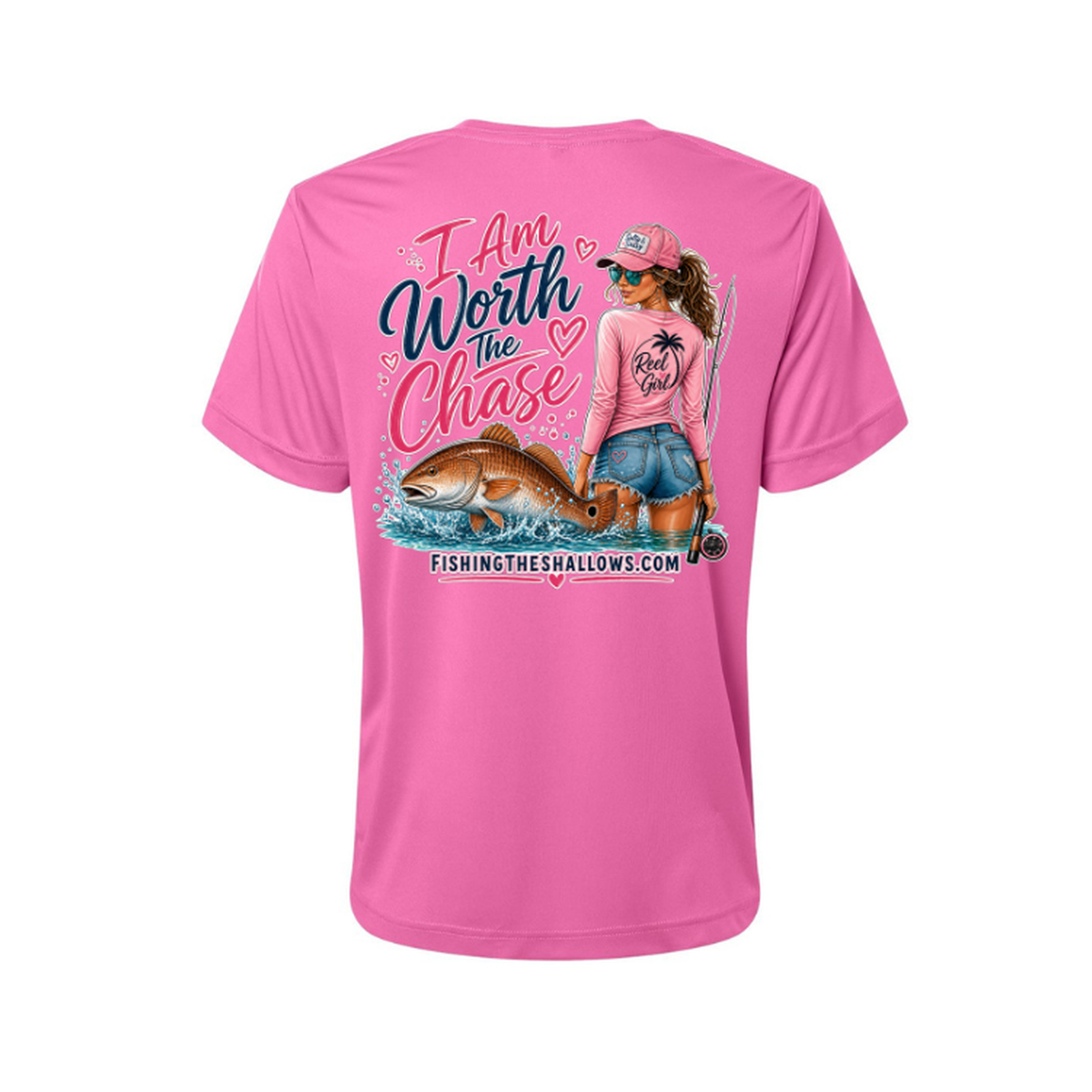 Worth It SS in Charity Pink, back view - womens short sleeve performance fishing shirt by Fishing The Shallows