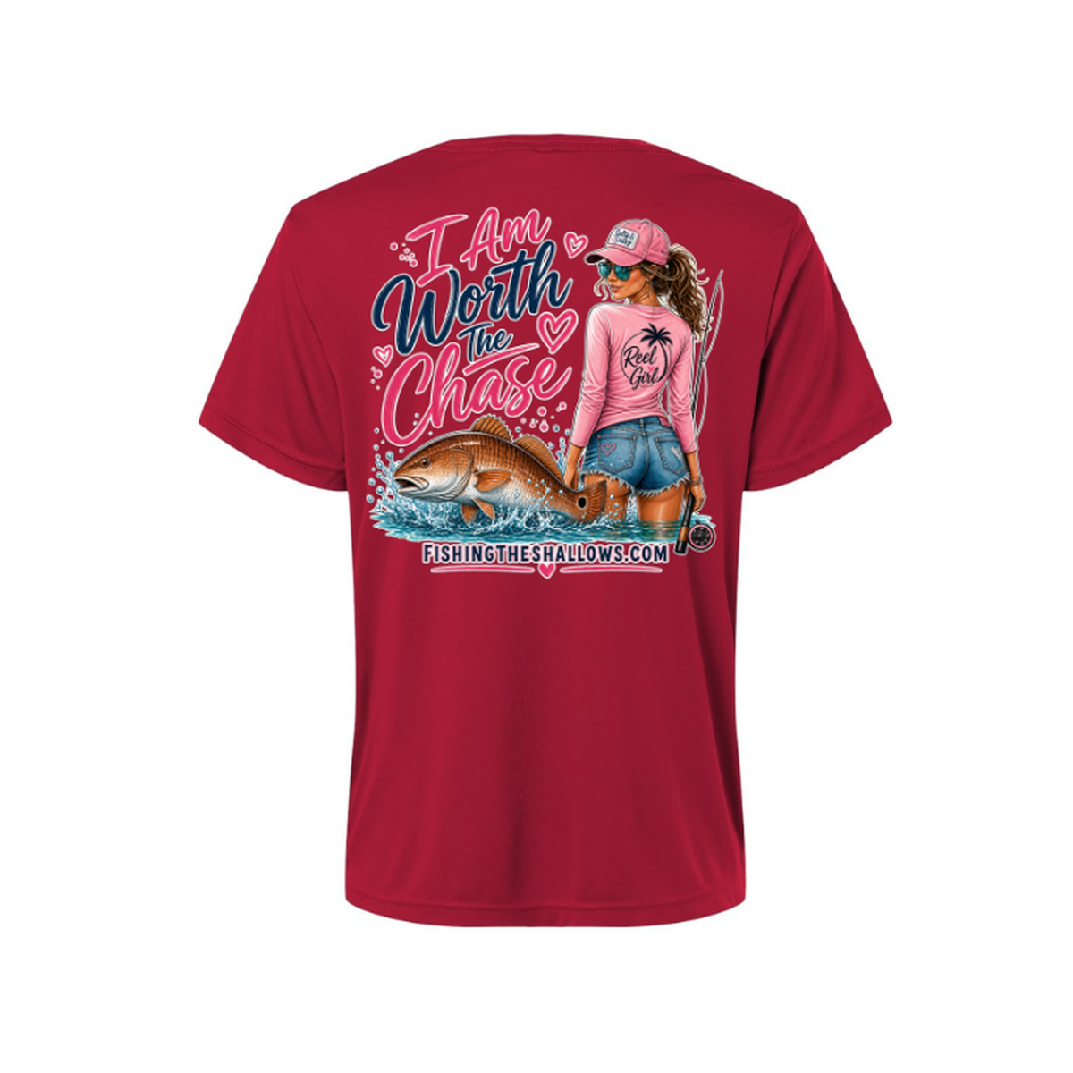 Worth It SS in Classic Red, back view - womens short sleeve performance fishing shirt by Fishing The Shallows