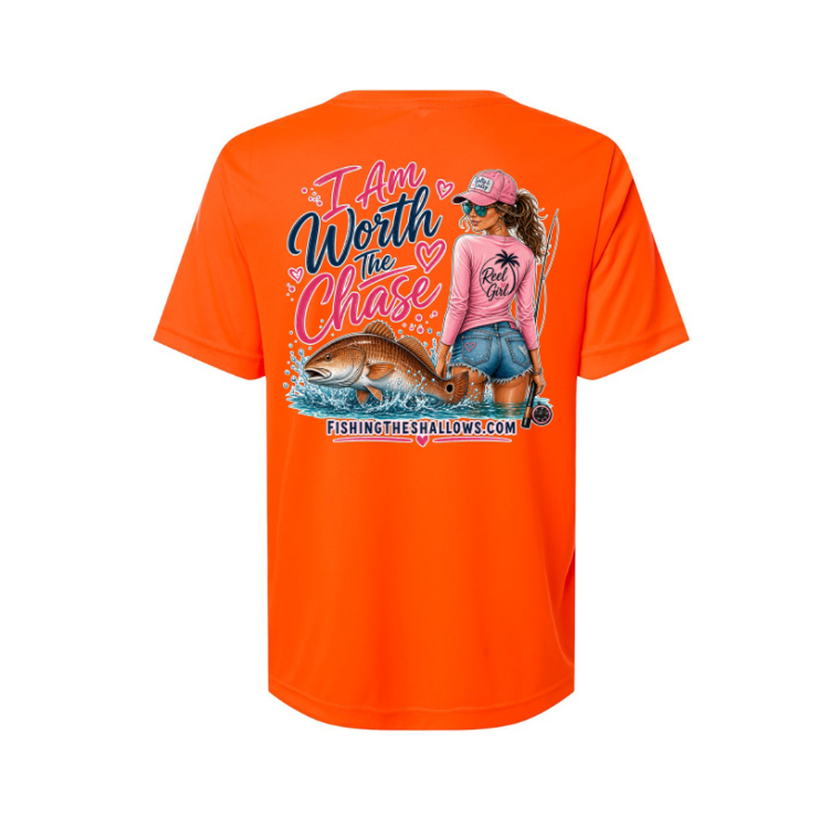 Worth It SS in Safety Orange, back view - womens short sleeve performance fishing shirt by Fishing The Shallows