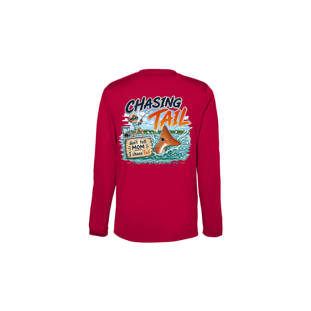 Youth Chasing Tail – Youth Long Sleeve in Classic Red - back view